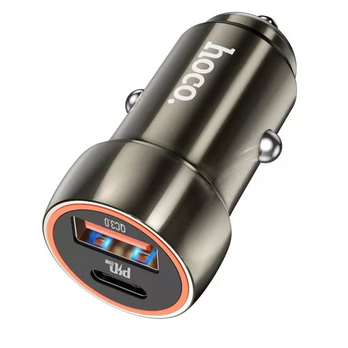 Szivartöltő fej, 1xType-C / 1xUSB, 38W / 3A, metal szürke, Hoco Z46A