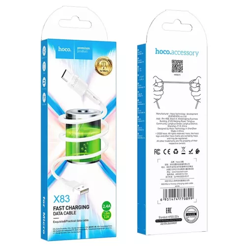 Micro USB gyorstöltő adatkábel, fehér, 1M, 2.4A, Hoco X83