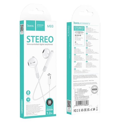 Stereo headset Type-C csatlakozóval, hangerőszabályzós / mikrofonnal, fehér, Hoco M93