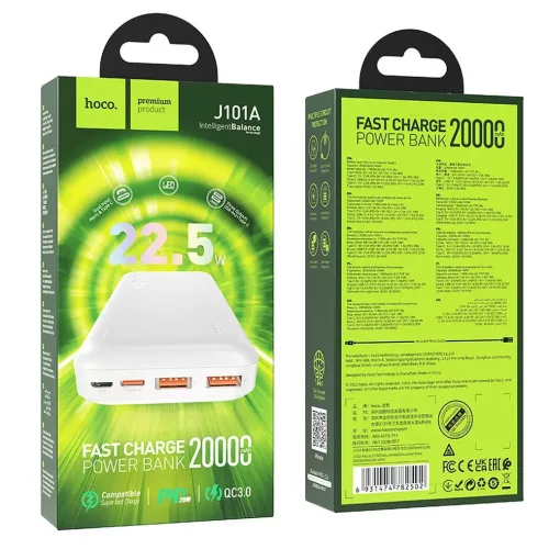 Power Bank 2xUSB / 1xType-C / 1x micro USB + Type-C kábel, 20000 mAh / 22.5W, fehér, HOCO J101A Astute