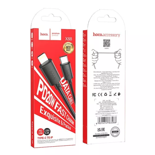 Type-C - iPhone 8pin gyorstöltő adatkábel, fekete, PD 20W, 1M, 2.4A, Hoco X88