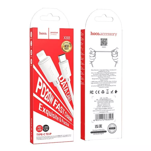 Type-C - iPhone 8pin gyorstöltő adatkábel, fehér, PD 20W, 1M, 2.4A, Hoco X88