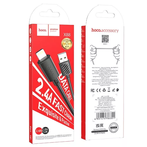 iPhone 8pin gyorstöltő adatkábel, fekete, 1M, 2.4A, Hoco X88