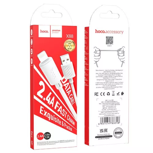 iPhone 8pin gyorstöltő adatkábel, fehér, 1M, 2.4A, Hoco X88