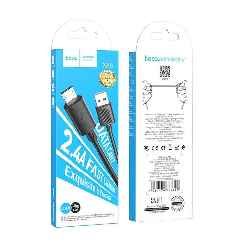 Micro USB adatkábel, 2.4A, 1M, fekete, Hoco X88