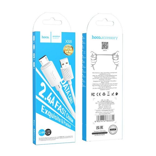 Micro USB adatkábel, 2.4A, 1M, fehér, Hoco X88