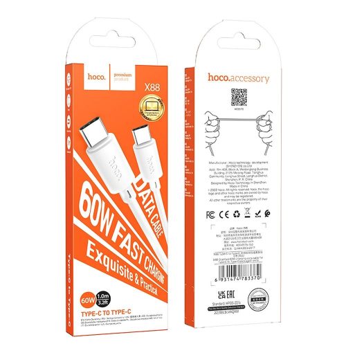 Type-C - Type-C adatkábel, 60W / 3A, 1M, fehér, Hoco X88