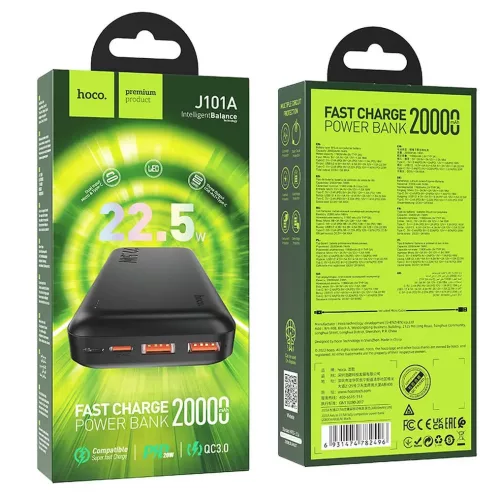 Power Bank 1xUSB / 1xType-C / 1x micro USB, 20000 mAh / PD20W / QC3.0, fekete, HOCO J102A
