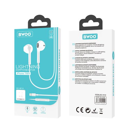 Stereo headset Lightning csatlakozóval, hangerőszabályzós, fehér, BWOO HF10