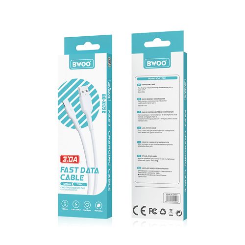 Type-C gyorstöltő adatkábel, 3A, 1M, fehér, BWOO BO-X172C