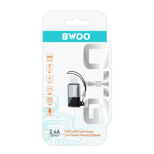 Type-C - iPhone 8pin OTG adapter, fekete-szürke, 2.4A, BWOO BZ-37