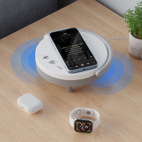 Többfunkciós wireless töltő pad lámpával és bluetooth hangszóróval, 15W, fehér, BWOO WL17