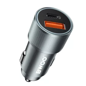   Szivartöltő fej, 1xType-C / 1xUSB, PD 20W / QC 18W, 3A, szürke, BWOO BO-CC73