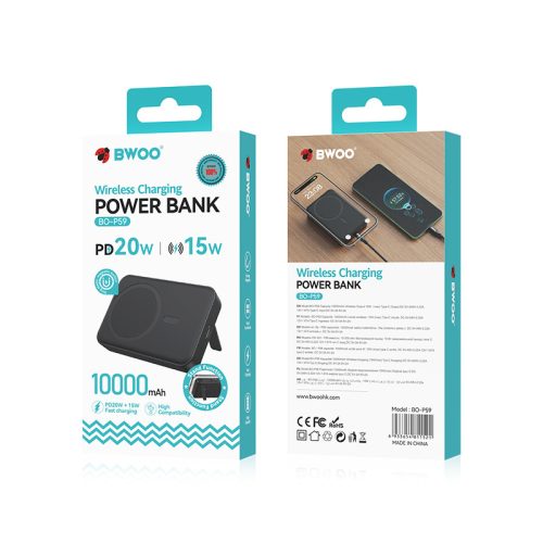 Magsafe power bank, mágneses, 10000 mAh, PD 3.0, 20W / 2A, fekete, BWOO BO-P59