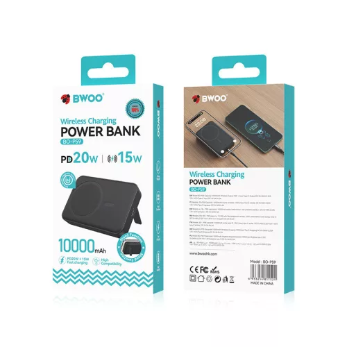 Magsafe power bank, mágneses, 10000 mAh, PD 3.0, 20W / 2A, fekete, BWOO BO-P59