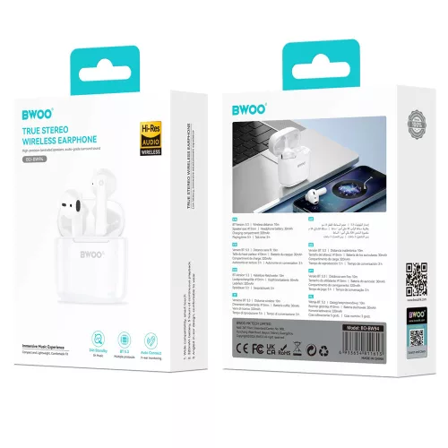 Stereo bluetooth headset vezeték nélküli töltőtokkal, TWS, fehér, BWOO BW94
