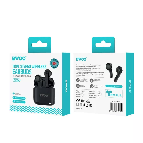Stereo bluetooth headset vezeték nélküli töltőtokkal, TWS, fekete, BWOO BO-BW94