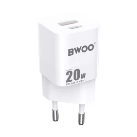   Hálózati gyors töltőfej, 1xType-C / 1xUSB, 3A / PD / QC3.0 / 20W, fehér, BWOO CDA156
