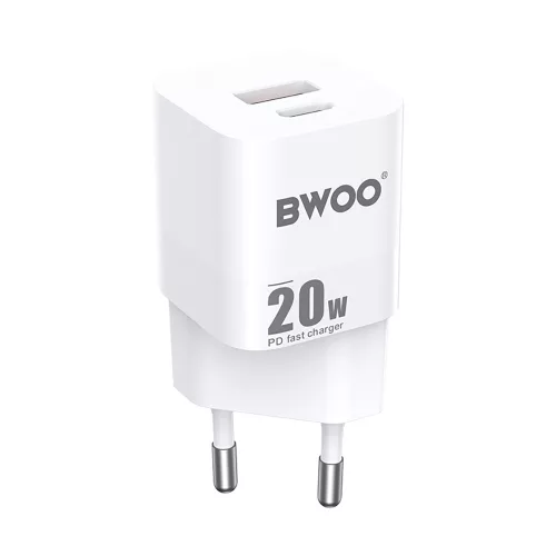 Hálózati gyors töltőfej, 1xType-C / 1xUSB, 3A / PD / QC3.0 / 20W, fehér, BWOO CDA156