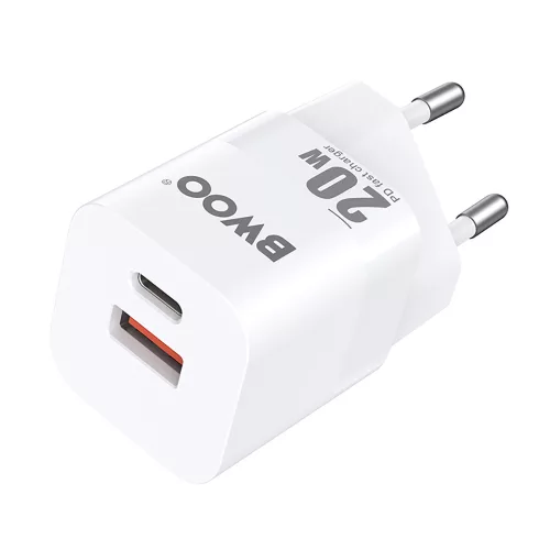 Hálózati gyors töltőfej, 1xType-C / 1xUSB, 3A / PD / QC3.0 / 20W, fehér, BWOO CDA156