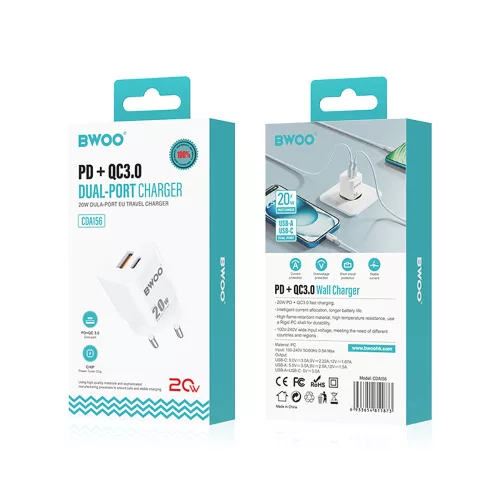 Hálózati gyors töltőfej, 1xType-C / 1xUSB, 3A / PD / QC3.0 / 20W, fehér, BWOO CDA156