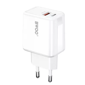   Hálózati gyors töltőfej, 1xType-C / 1xUSB, PD20W + QC18W, fehér, BWOO CDA182