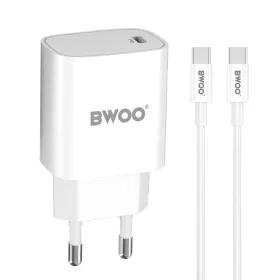   Hálózati töltőfej Type-C + Type-C - Type-C adatkábel, 3A / 20W, fehér, BWOO BO-CDA159C-C