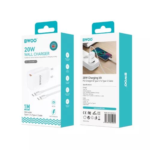Hálózati töltőfej Type-C + Type-C - Type-C adatkábel, 3A / 20W, fehér, BWOO BO-CDA159C-C