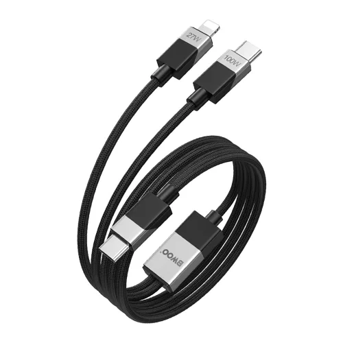 Type-C - iPhone 8pin / Type-C adatkábel, szövettel bevont, 1.2M, 27W / 100W, fekete, BWOO BO-X306