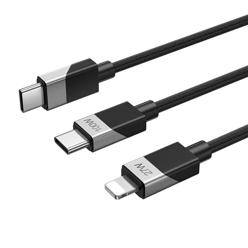 Type-C - iPhone 8pin / Type-C adatkábel, szövettel bevont, 1.2M, 27W / 100W, fekete, BWOO BO-X306
