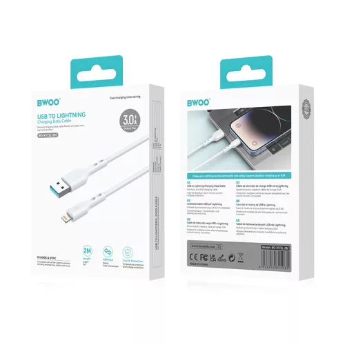 iPhone 8pin gyorstöltő adatkábel, 3A / 15W, 2M, fehér, BWOO BO-X172L-2M