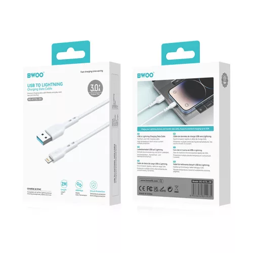 iPhone 8pin gyorstöltő adatkábel, 3A / 15W, 2M, fehér, BWOO BO-X172L-2M