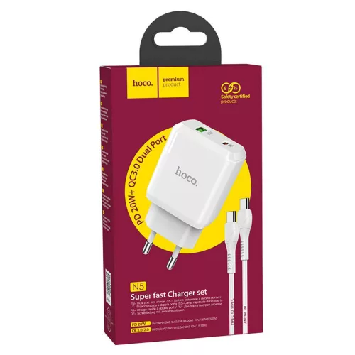 Hálózati töltőfej 1xType-C + Type-C - Type-C adatkábel, GaN, PD / QC, 3A / 30W, fehér, BWOO BO-CDA211C-C