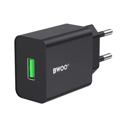 Hálózati töltőfej, 1x USB, 2.4A / 12W, fekete, BWOO BO-CDA249