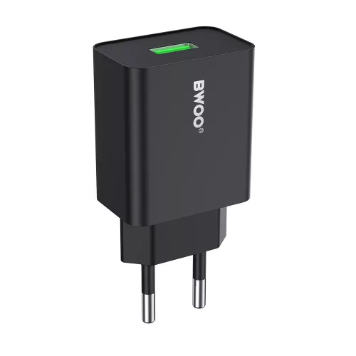 Hálózati töltőfej, 1x USB, 2.4A / 12W, fekete, BWOO BO-CDA249