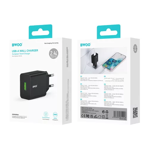 Hálózati töltőfej, 1x USB, 2.4A / 12W, fekete, BWOO BO-CDA249