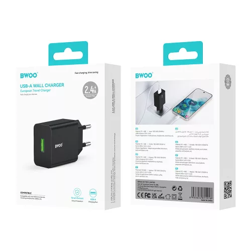 Hálózati töltőfej, 1x USB, 2.4A / 12W, fekete, BWOO BO-CDA249
