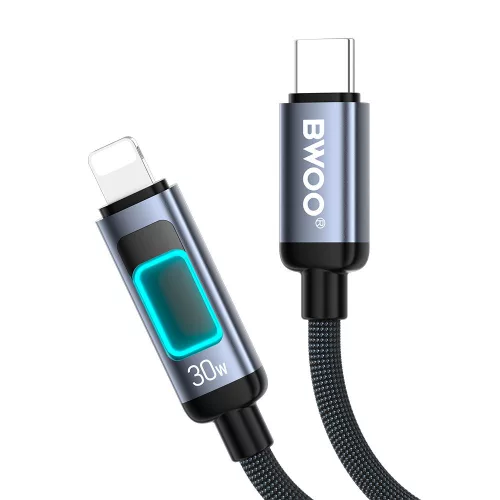 Type-C - iPhone 8pin gyorstöltő adatkábel, PD 30W, 1M, fekete, szövettel fonott, RGB led, BWOO BO-X324C-L