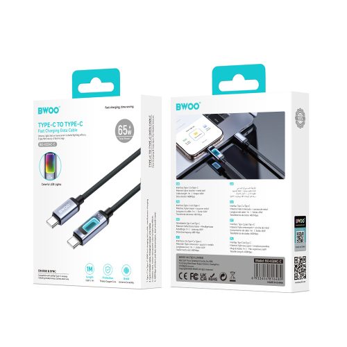 Type-C - Type-C gyorstöltő adatkábel, PD 65W, 1M, fekete, szövettel fonott, RGB led, BWOO BO-X324C-C