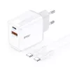 Hálózati töltőfej 1x USB, 1xType-C + Type-C - Type-C adatkábel, PD / QC, 3A / 20W + 18W, fehér, BWOO BO-CDA182C-C