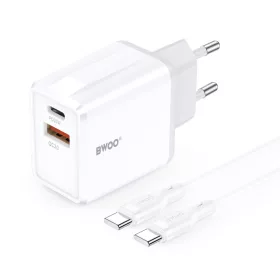   Hálózati töltőfej 1x USB, 1xType-C + Type-C - Type-C adatkábel, PD / QC, 3A / 20W + 18W, fehér, BWOO BO-CDA182C-C