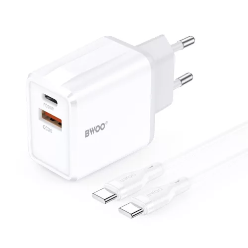 Hálózati töltőfej 1x USB, 1xType-C + Type-C - Type-C adatkábel, PD / QC, 3A / 20W + 18W, fehér, BWOO BO-CDA182C-C