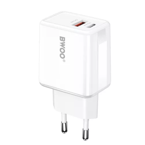 Hálózati töltőfej 1x USB, 1xType-C + Type-C - Type-C adatkábel, PD / QC, 3A / 20W + 18W, fehér, BWOO BO-CDA182C-C