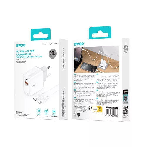 Hálózati töltőfej 1x USB, 1xType-C + Type-C - Type-C adatkábel, PD / QC, 3A / 20W + 18W, fehér, BWOO BO-CDA182C-C