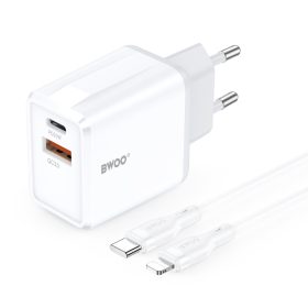   Hálózati töltőfej 1x Type-C / 1x USB + Type-C - iPhone 8pin adatkábel, 3A / 38W, fehér, BWOO CDA182C-L