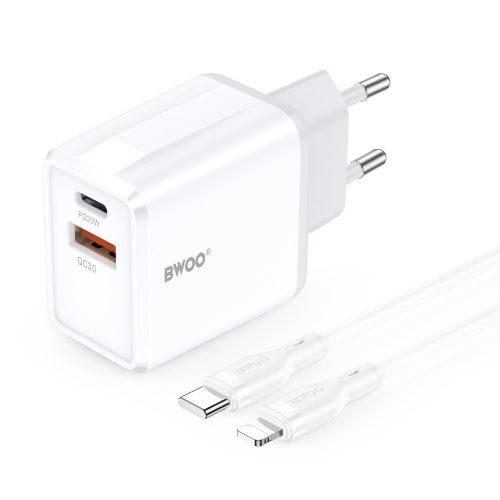 Hálózati töltőfej 1x Type-C / 1x USB + Type-C - iPhone 8pin adatkábel, 3A / 38W, fehér, BWOO CDA182C-L