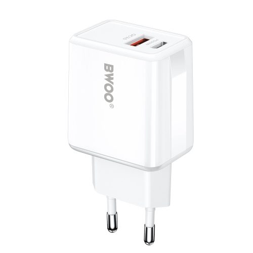 Hálózati töltőfej 1x Type-C / 1x USB + Type-C - iPhone 8pin adatkábel, 3A / 38W, fehér, BWOO CDA182C-L