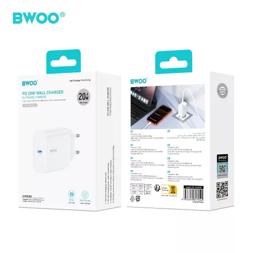 Univerzális hálózati gyors töltőfej, 1xType-C, PD3.0 20W / 3A, fehér, BWOO BO-CDA233