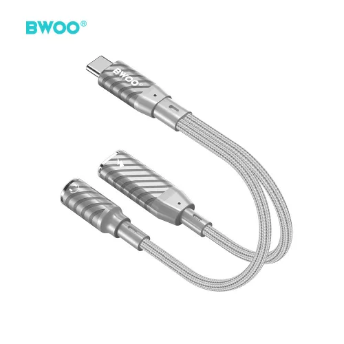 2in1 Type-C -  Type-C / 3,5mm jack aljzat audio és töltő adapter, szürke, 65W, szövettel fonott, 0.15M, BWOO BO-BZ67