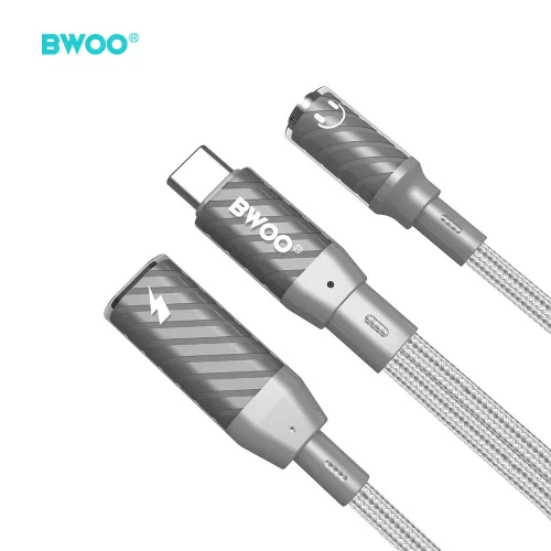 2in1 Type-C -  Type-C / 3,5mm jack aljzat audio és töltő adapter, szürke, 65W, szövettel fonott, 0.15M, BWOO BO-BZ67